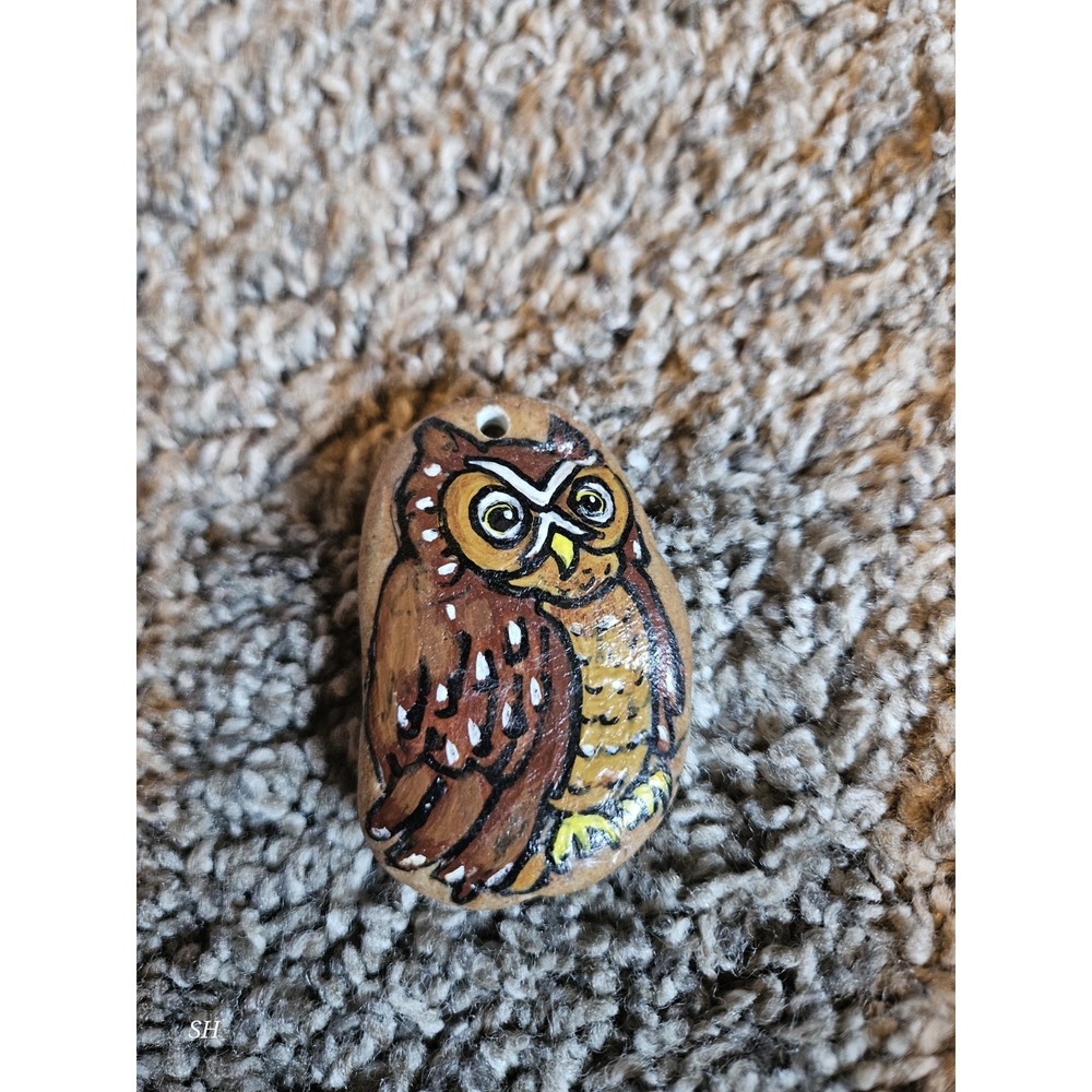 Hand Painted Owl Stone Magnet Pendant Rustic Folk Art Handmade Decor